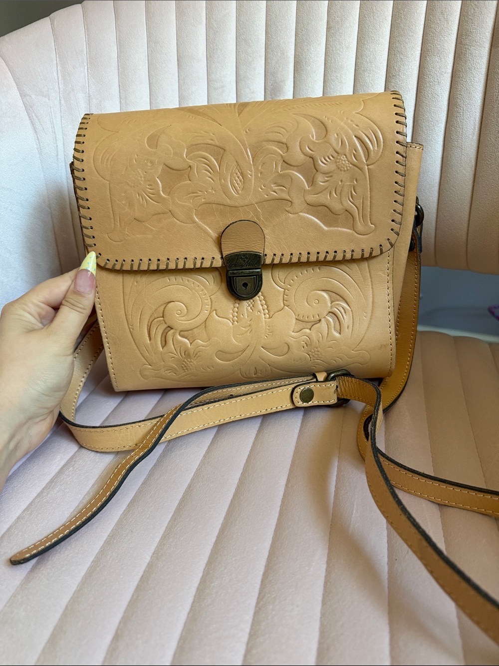 Patricia Nash Tan Embossed Leather Crossbody with Whipstitch Trim